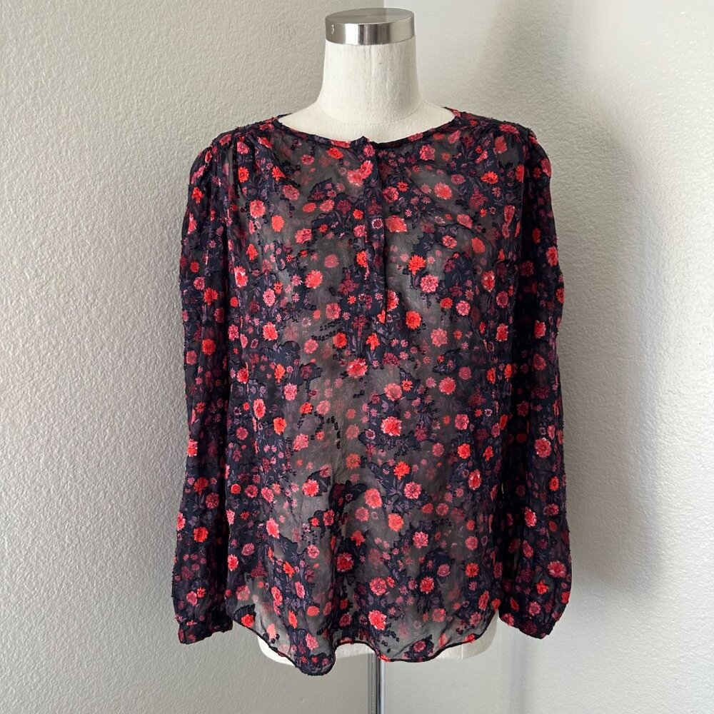 Rebecca Taylor Crash Velvet Floral Print Silk Blouse Sheer Lightweight Sz 10